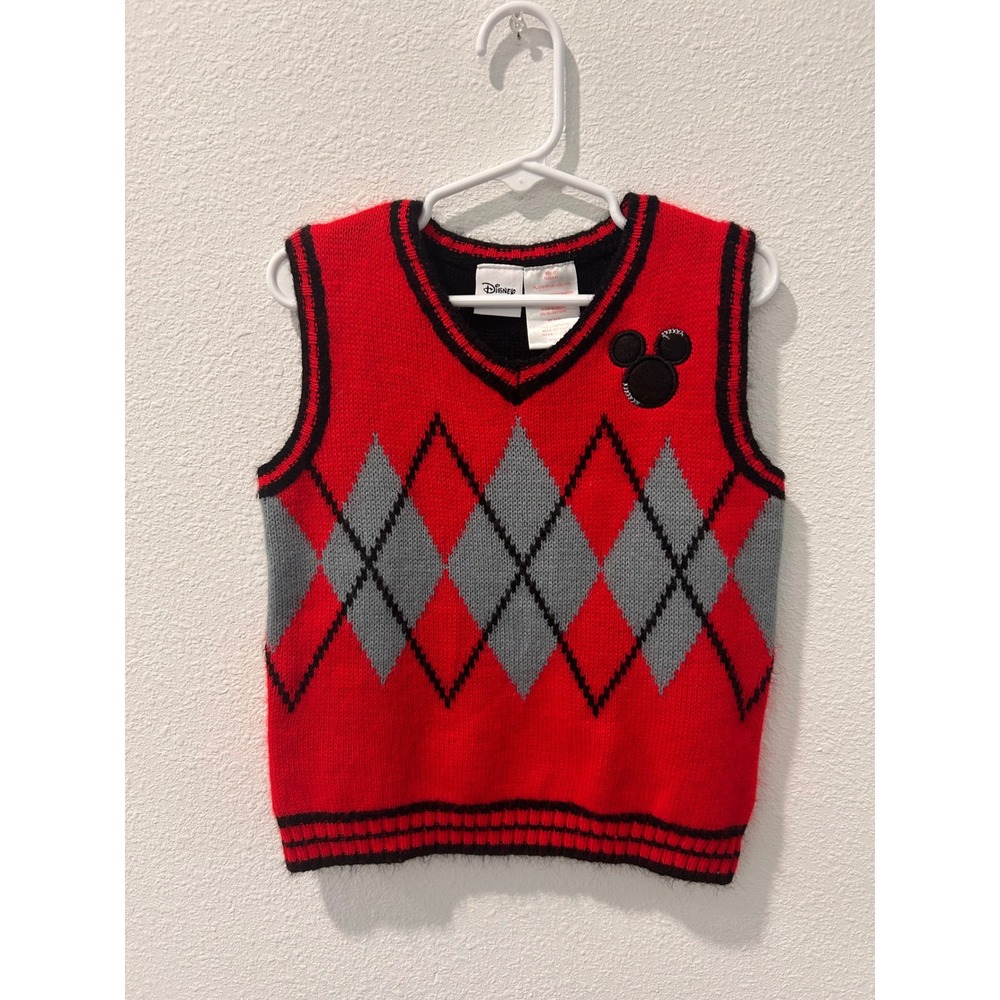 Disney Mickey Mouse Kids Red Argyle Knit Sweater Vest V-Neck Size 4T‎
